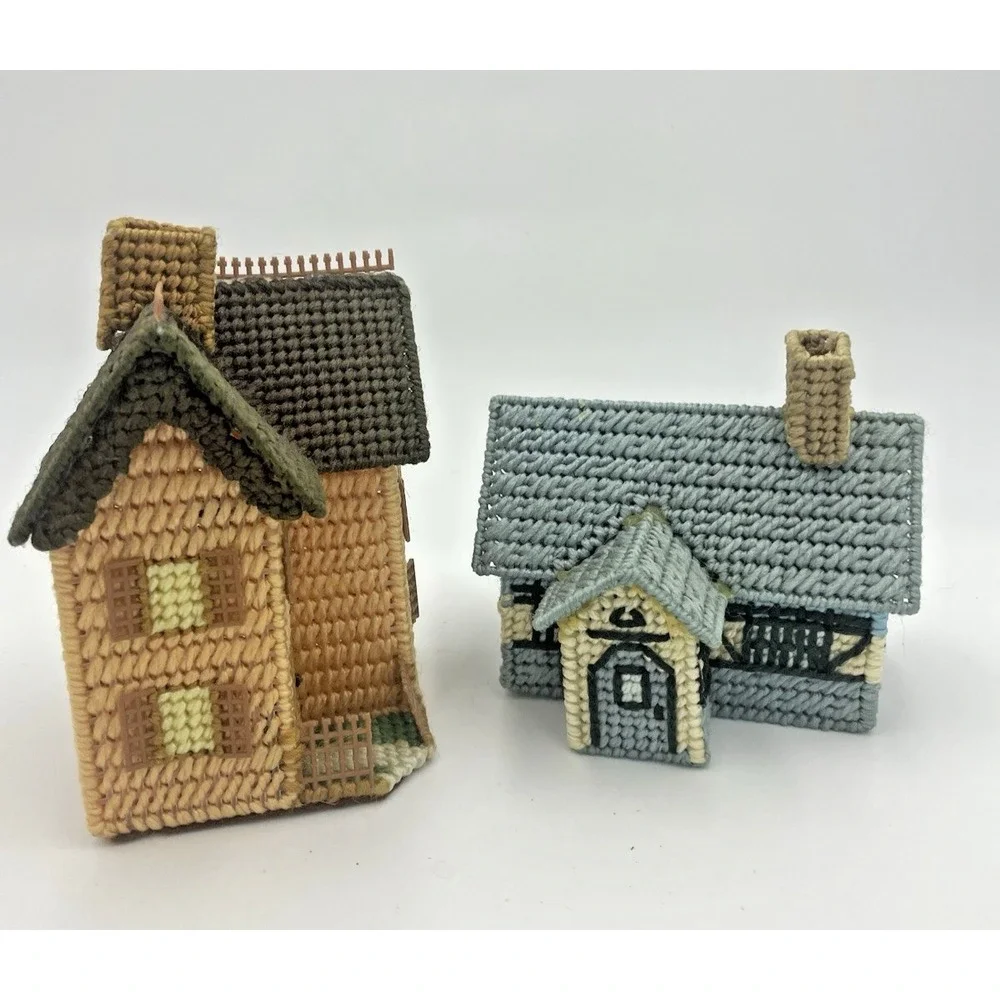 Vtg 70s Handmade Yarn Needlepoint Completed‎ 2 Cottage Houses Plastic Canvas